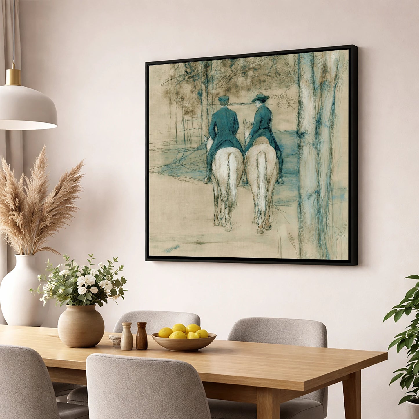 The Woodland Hack horse & rider wall art displayed in a dining room