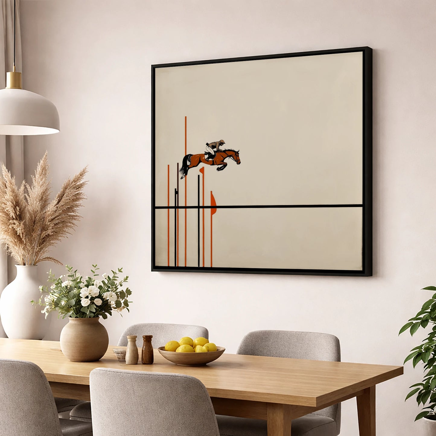 Minimalist Clearance show jumping horse wall art displayed in a dining room