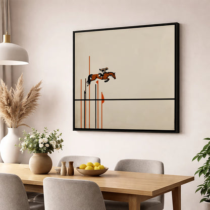 Minimalist Clearance show jumping horse wall art displayed in a dining room
