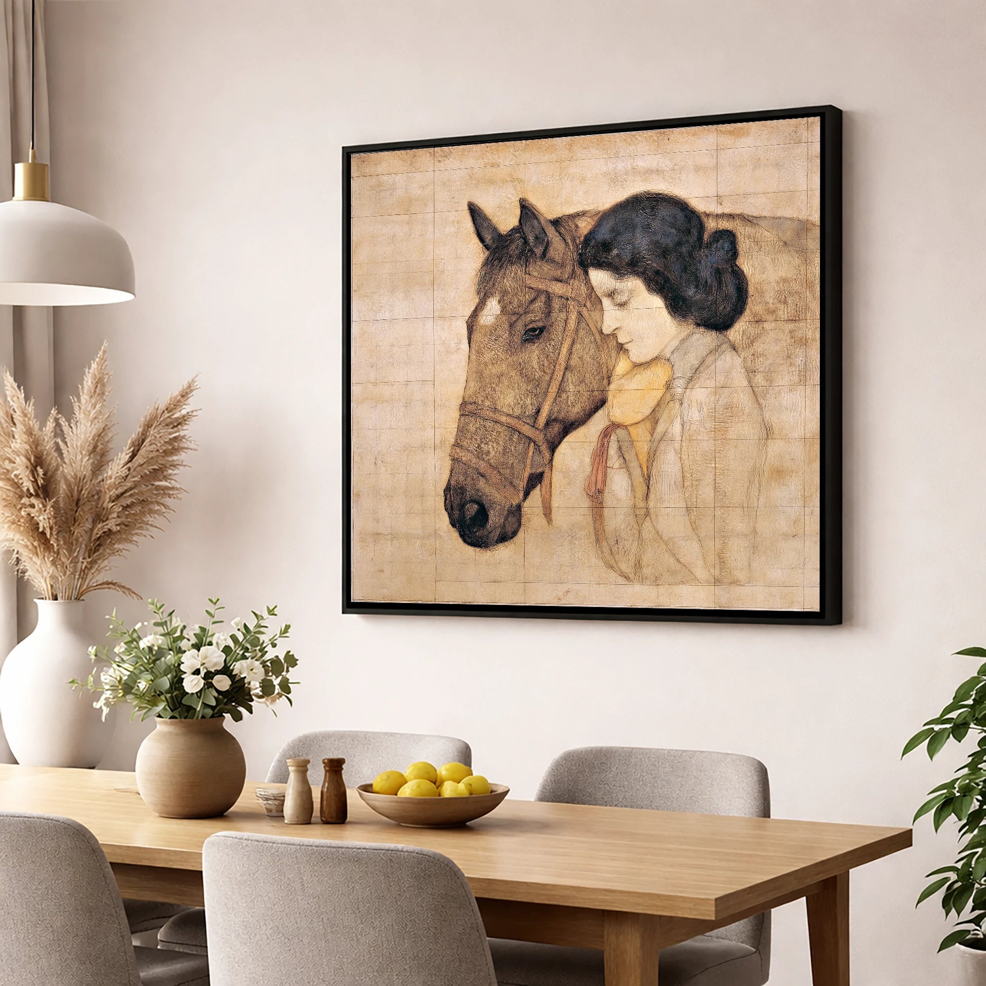 The Silent Bond horse & rider wall art displayed in a dining room