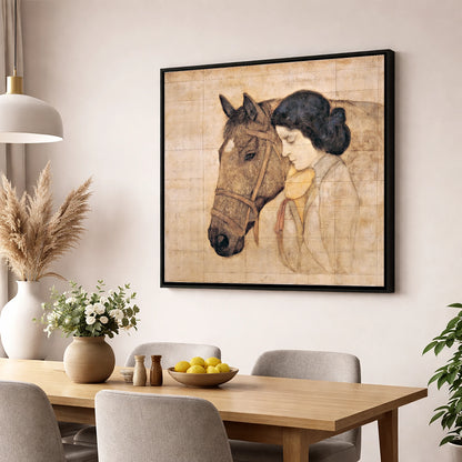 The Silent Bond horse & rider wall art displayed in a dining room
