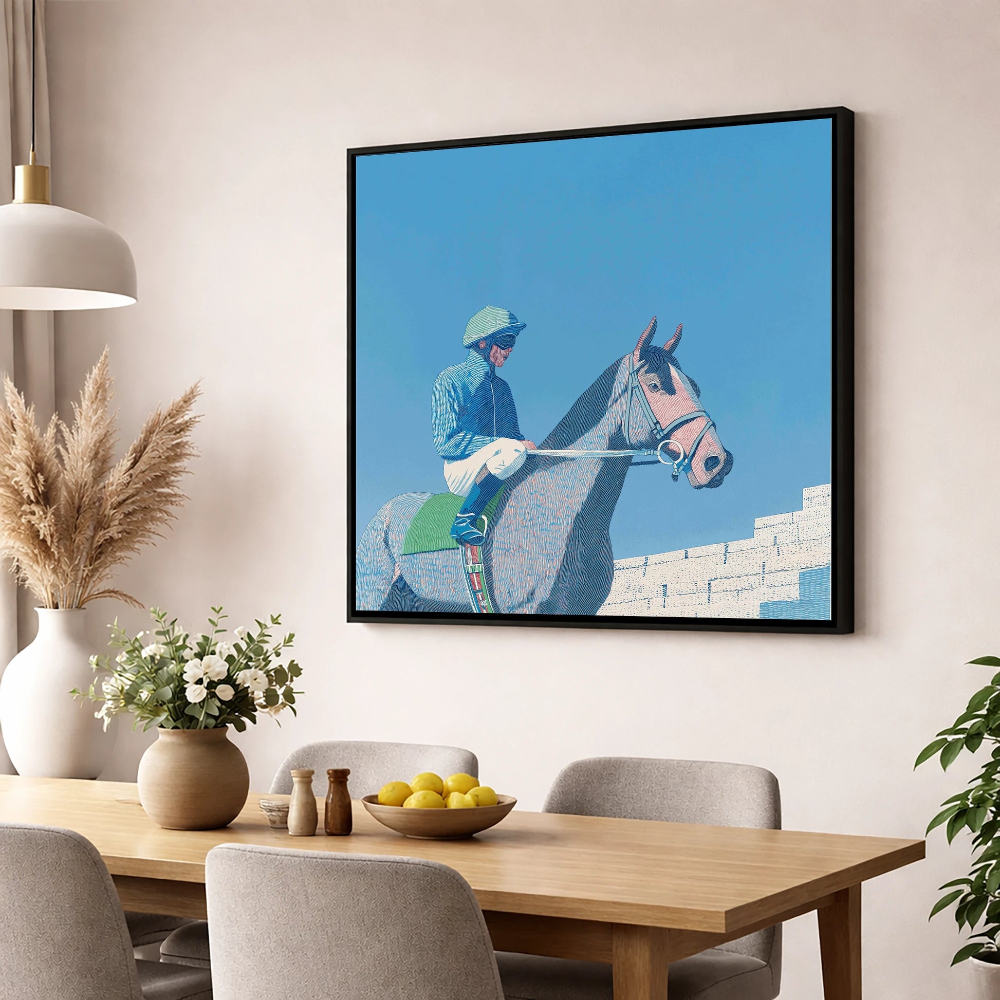 Quiet Anticipation racing horse wall art displayed in a dining room