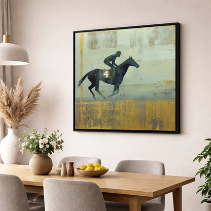 The Gilded Gallop racing horse wall art displayed in a dining room
