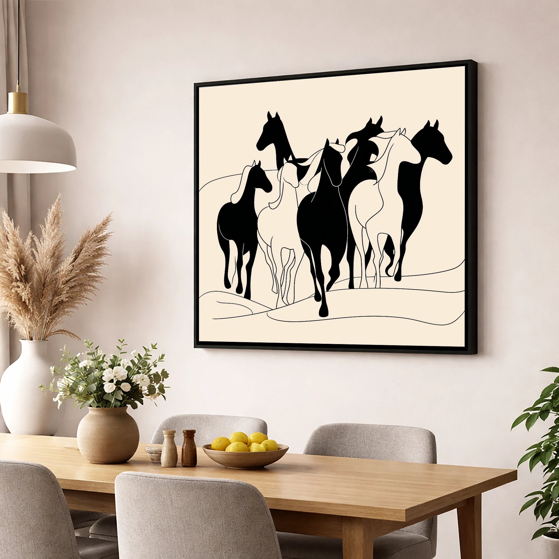Fluid Herd Harmony wild horses wall art displayed in a dining room
