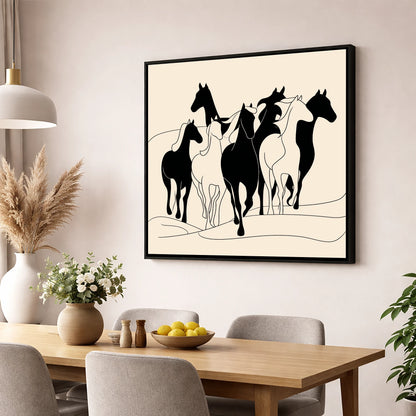 Fluid Herd Harmony wild horses wall art displayed in a dining room