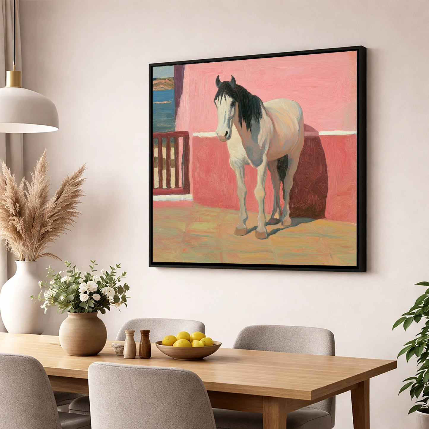 Coastal Courtyard Grey horse breed wall art displayed in a dining room
