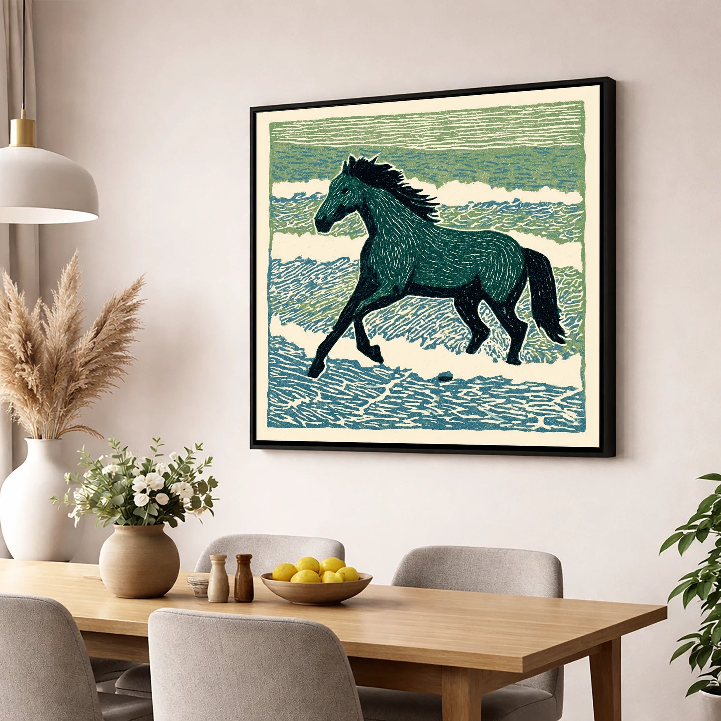 Surf and Stride beach horse wall art displayed in a dining room