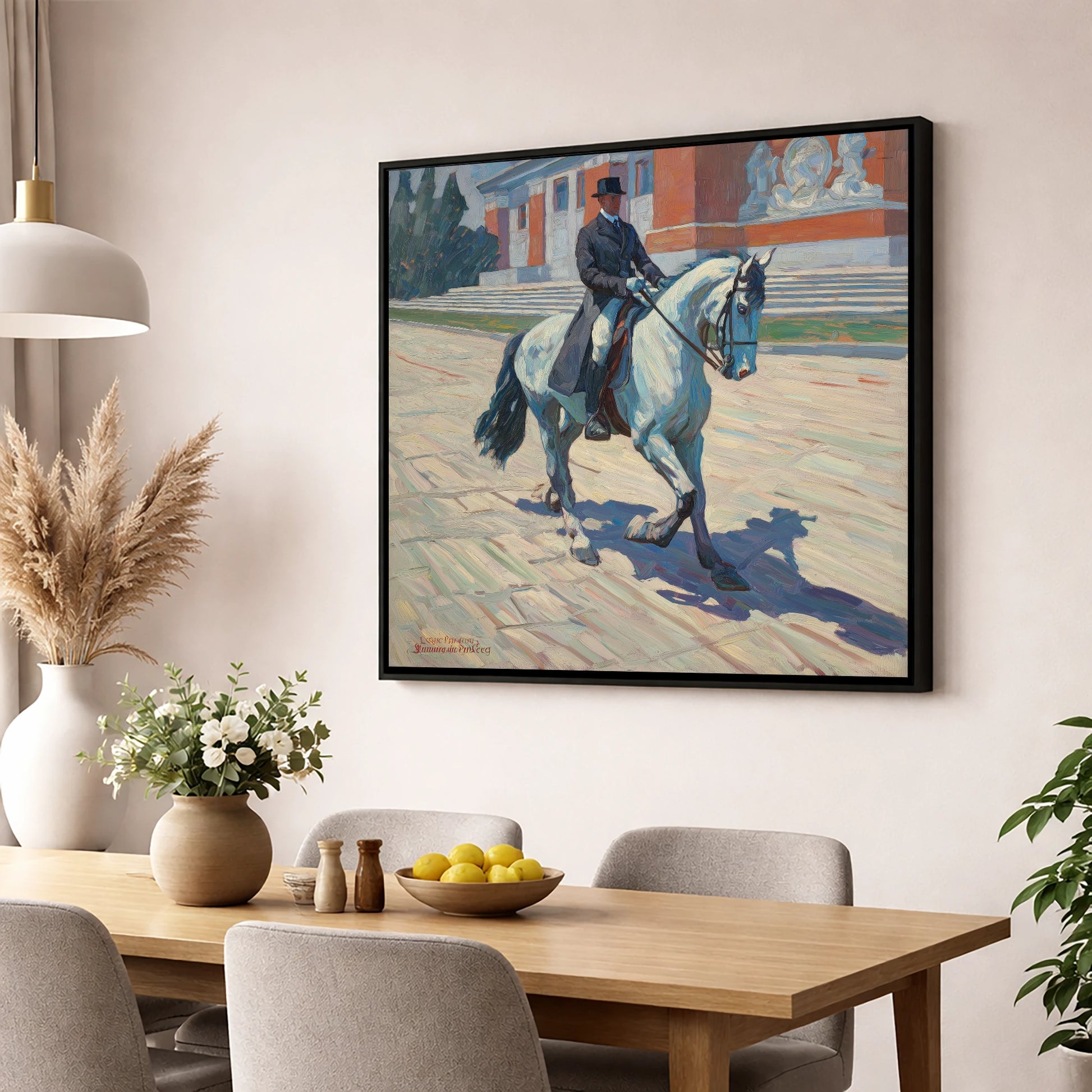 Sunlit Dressage Passage dressage horse wall art displayed in a dining room