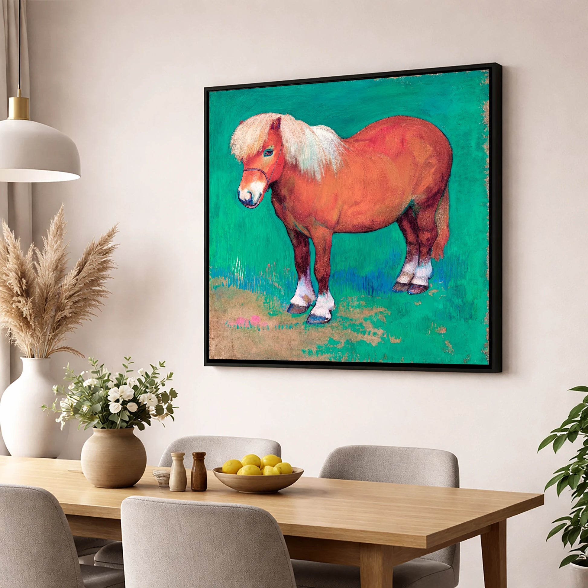Emerald Chestnut Pony horse breed wall art displayed in a dining room
