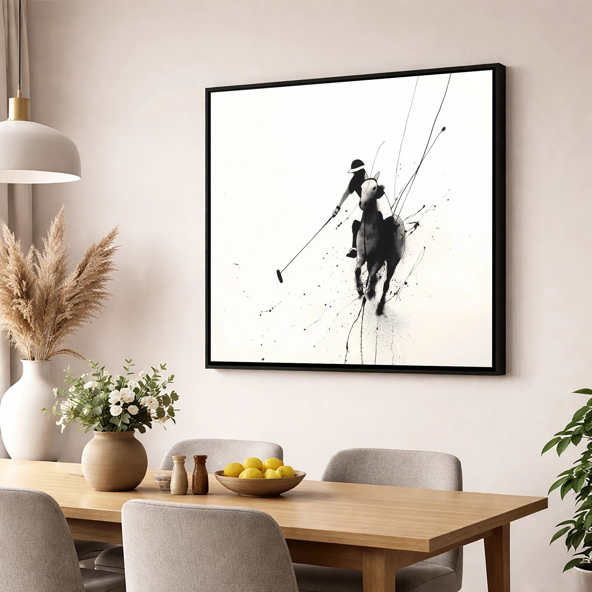 Ethereal Polo Silhouette polo horse wall art displayed in a dining room