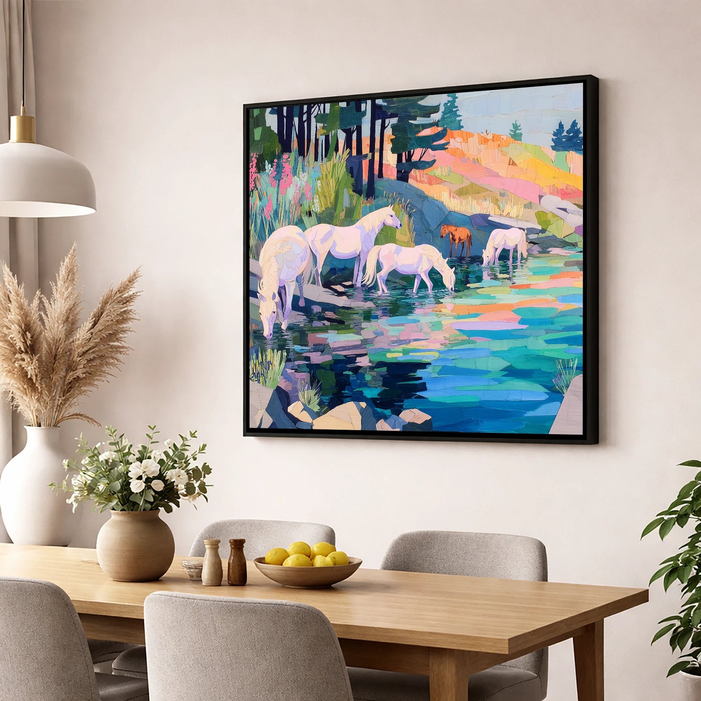 Kaleidoscope Watering Hole wild horses wall art displayed in a dining room