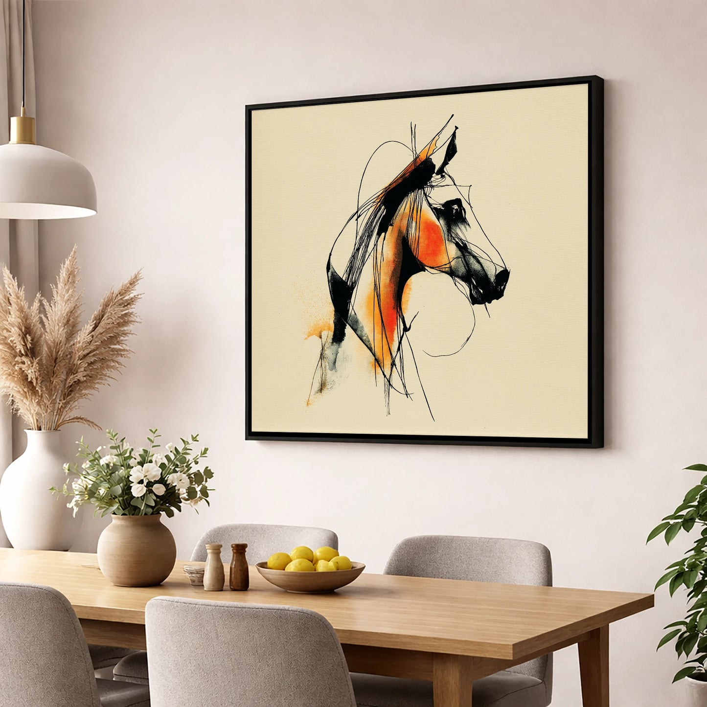 Dynamic Amber Profile horse breed wall art displayed in a dining room