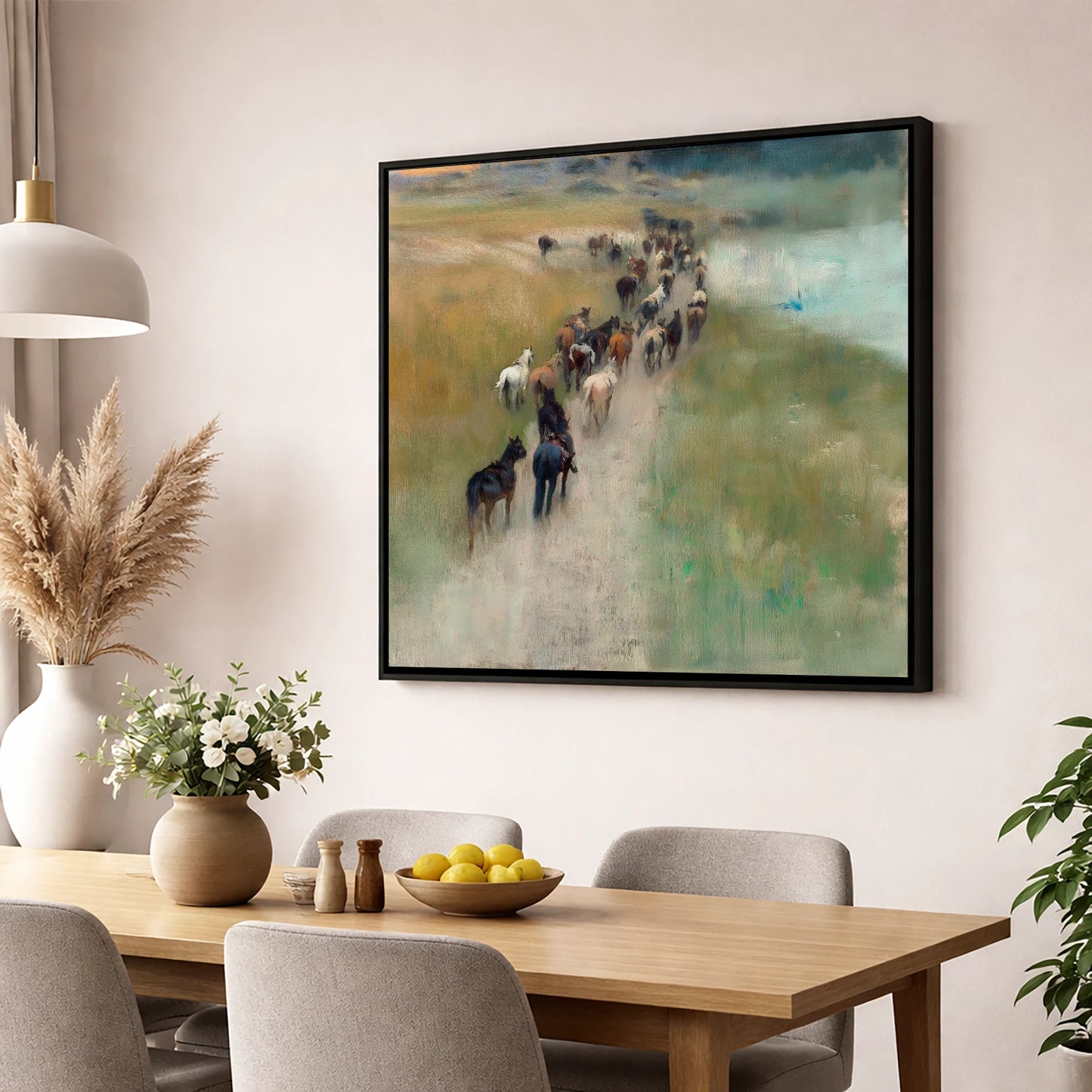 The Dusty Trail wild horses wall art displayed in a dining room