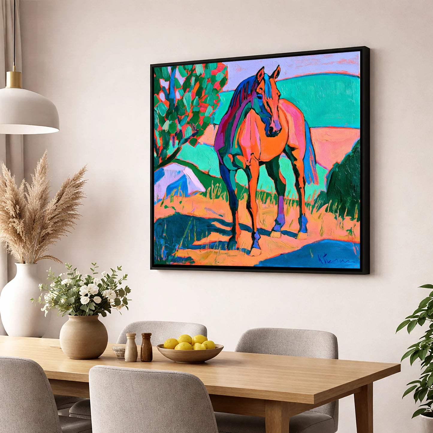 Vibrant Orange Standing Horse horse breed wall art displayed in a dining room
