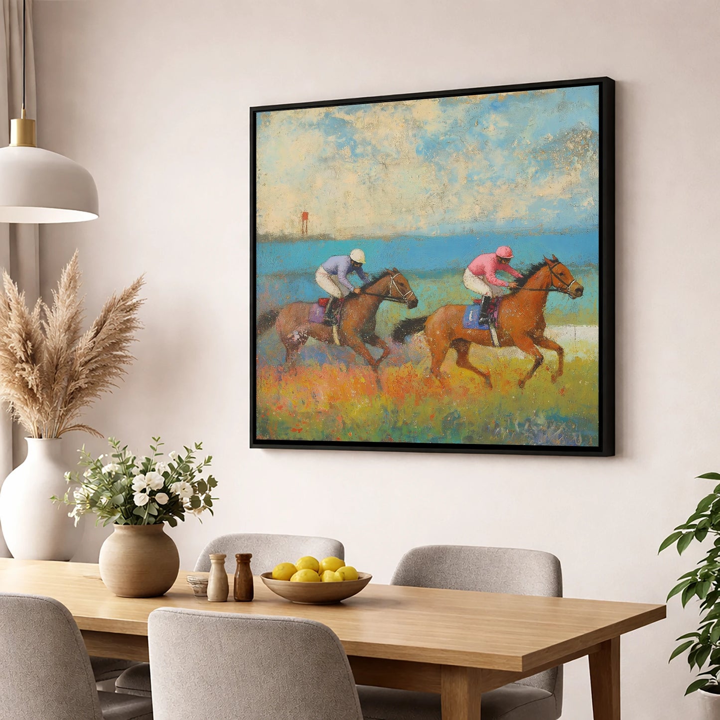 Turf and Tide racing horse wall art displayed in a dining room