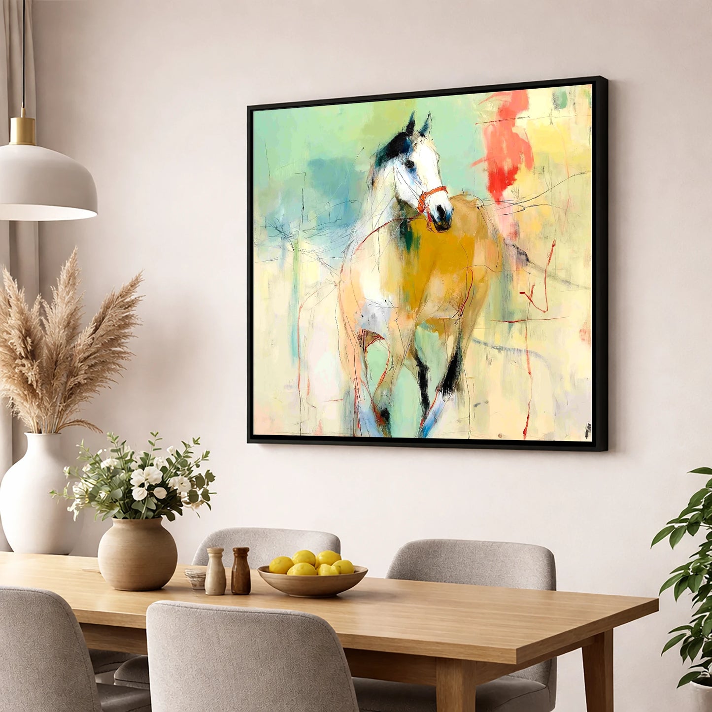 Abstract Paddock Spirit racing horse wall art displayed in a dining room
