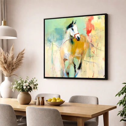 Abstract Paddock Spirit racing horse wall art displayed in a dining room