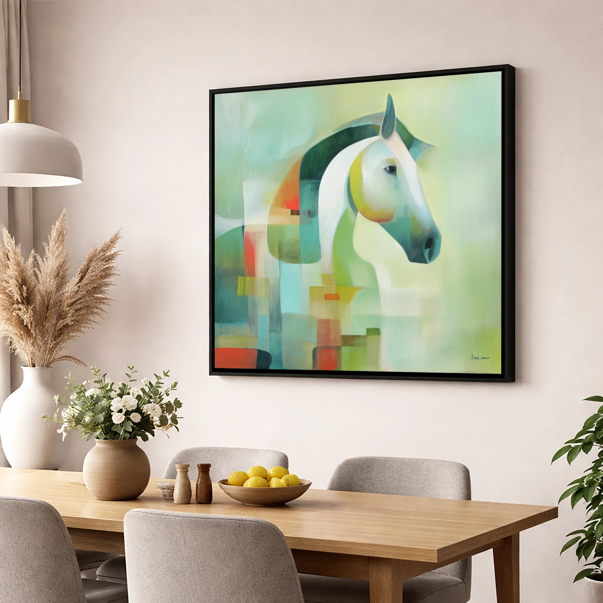 Modern Abstract Profile horse breed wall art displayed in a dining room