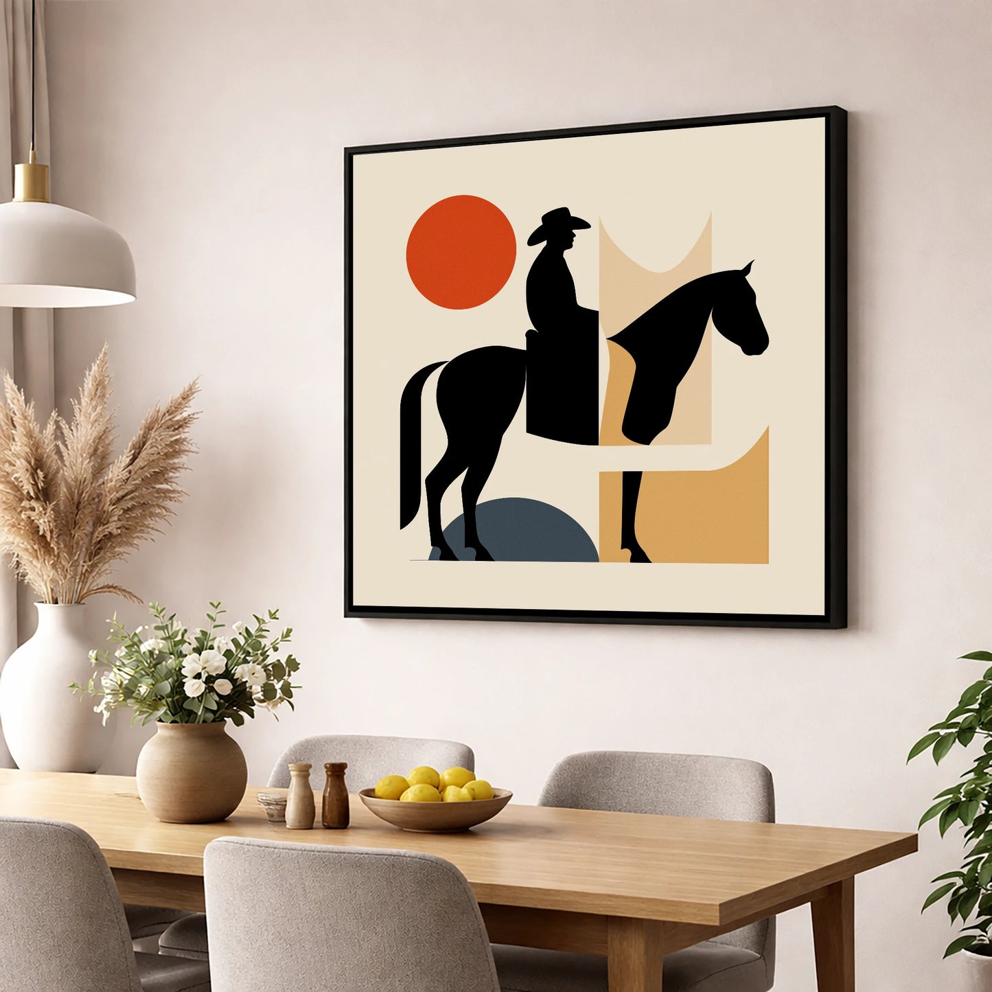Abstract Western Silhouette western horse wall art displayed in a dining room