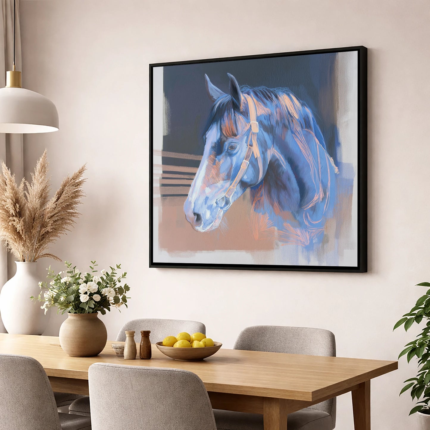 Serene Blue Profile horse portrait wall art displayed in a dining room