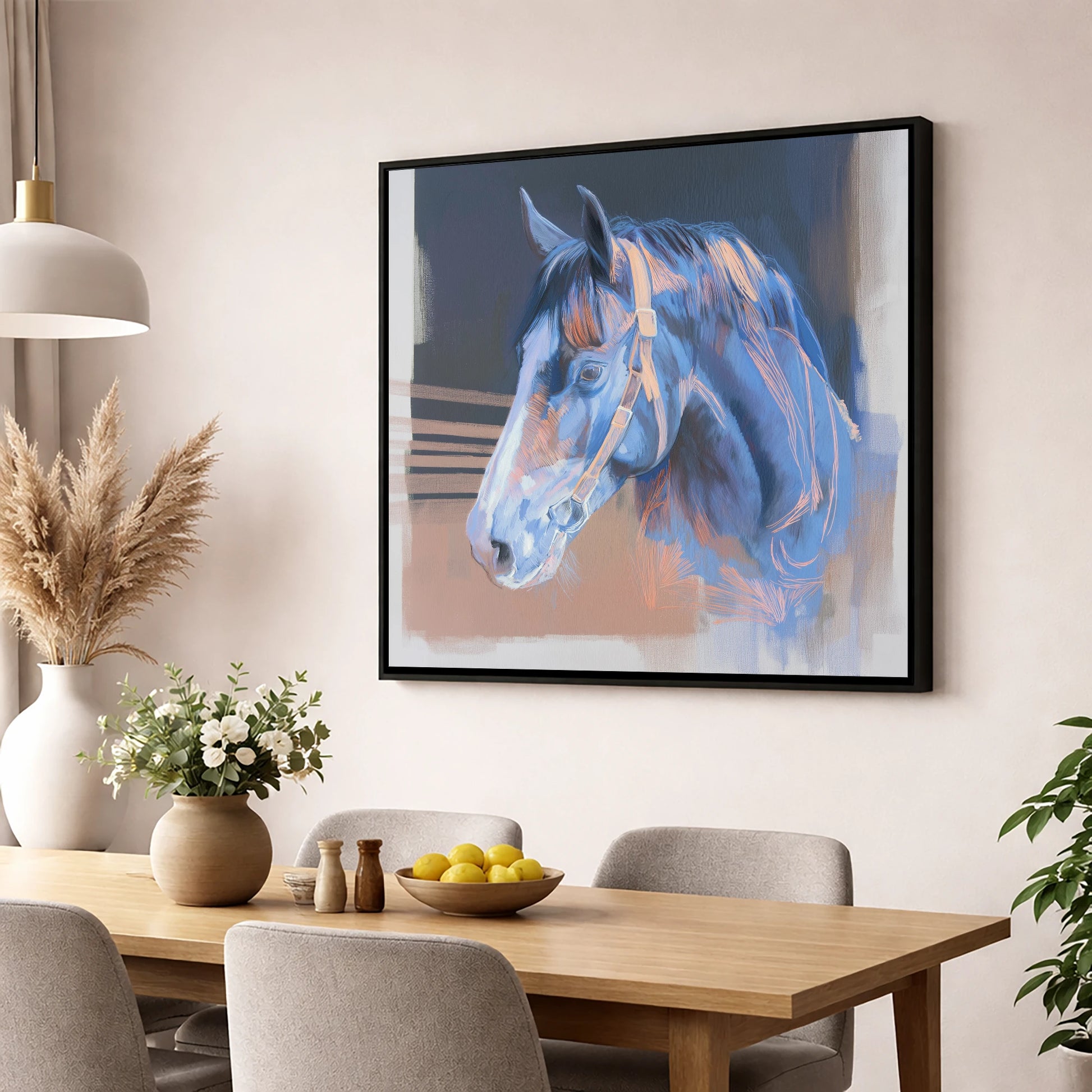 Serene Blue Profile horse portrait wall art displayed in a dining room