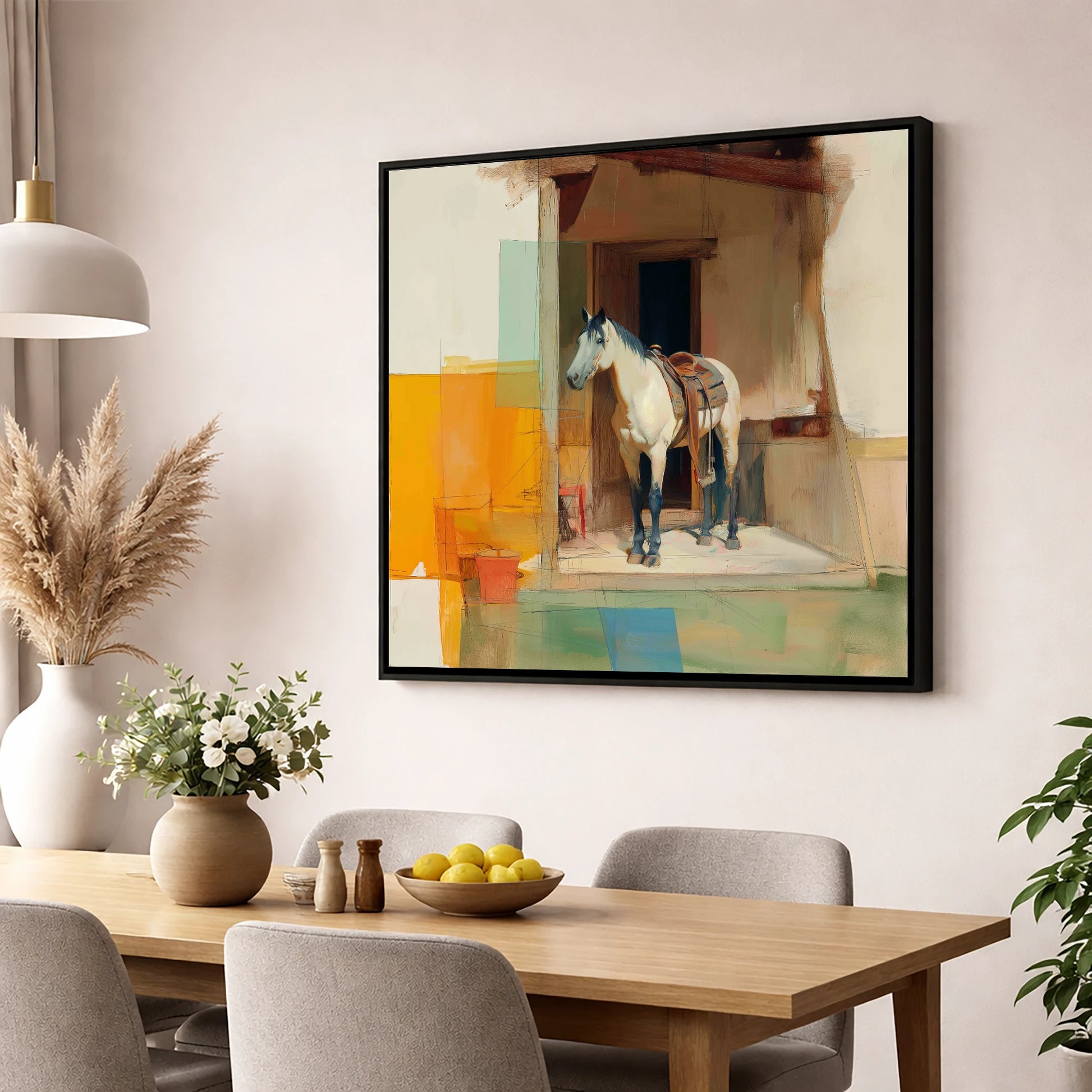 The Waiting Grey horse stable wall art displayed in a dining room