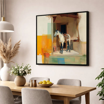 The Waiting Grey horse stable wall art displayed in a dining room