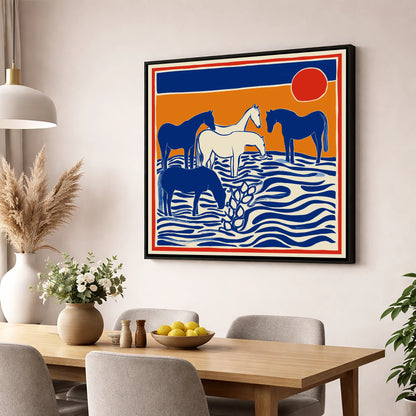Wild Sapphire Shallows wild horses wall art displayed in a dining room