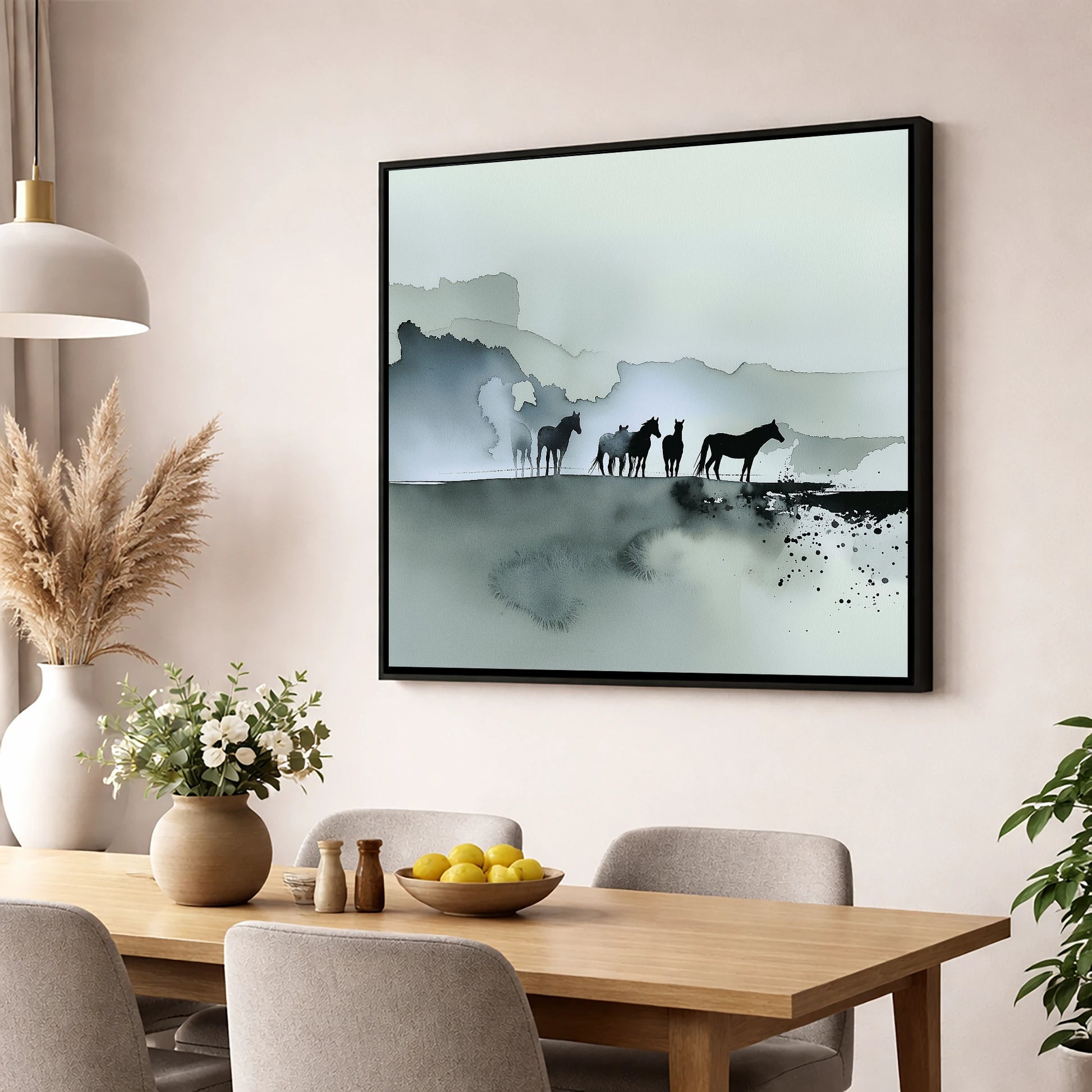 Silent Sentinels of the Mist wild horses wall art displayed in a dining room