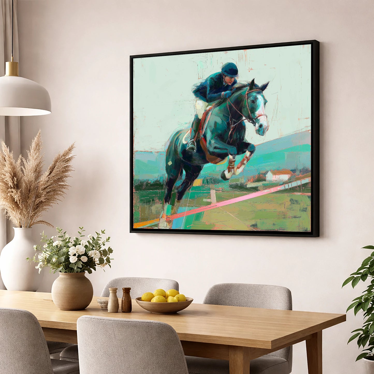 Midnight Flight show jumping horse wall art displayed in a dining room