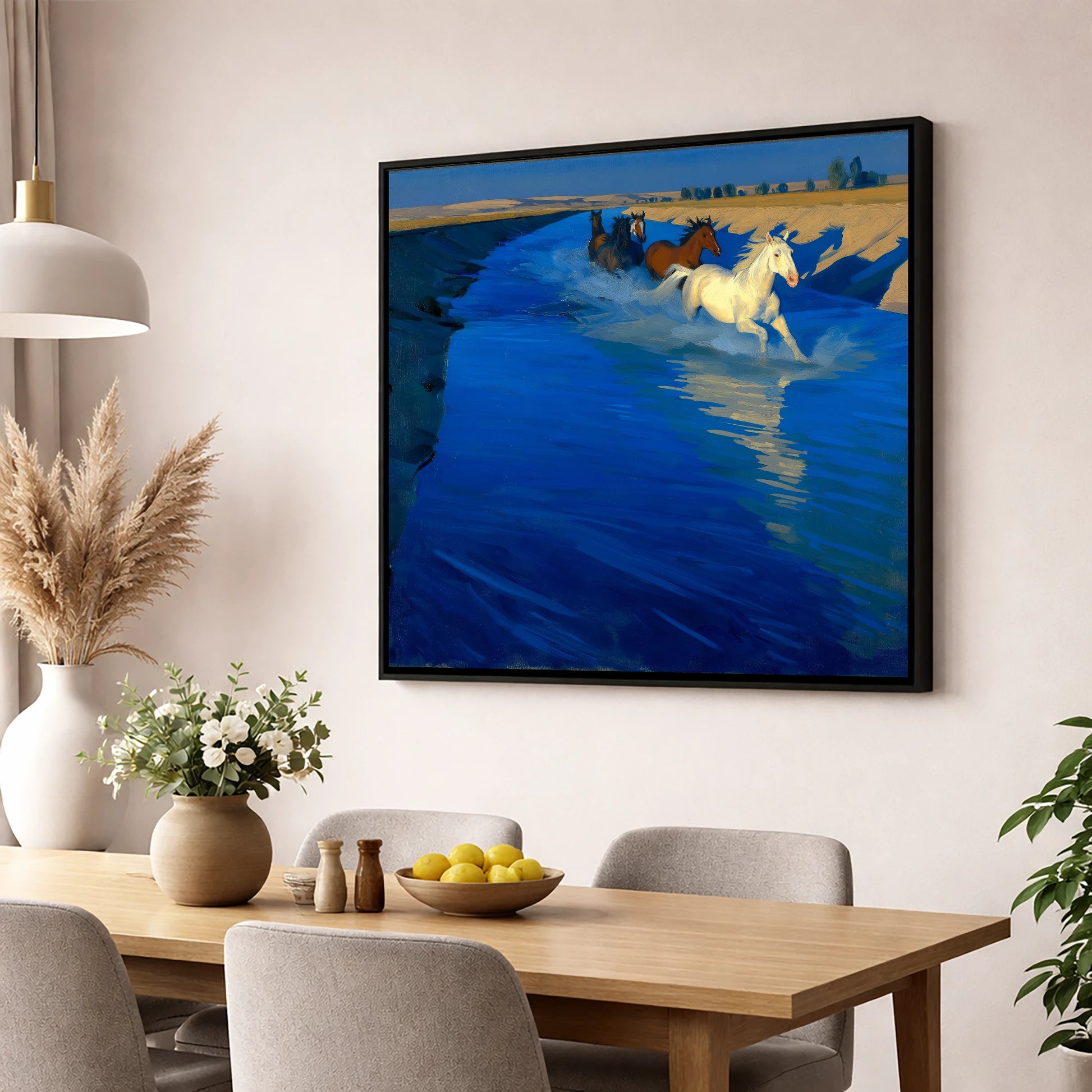 Azure Water Crossing wild horses wall art displayed in a dining room