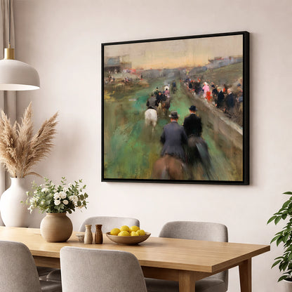 The Paddock Procession racing horse wall art displayed in a dining room