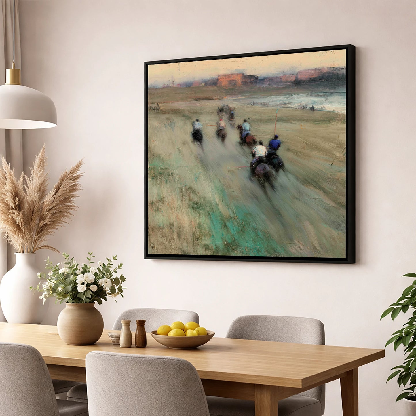 The Beach Chukka polo horse wall art displayed in a dining room