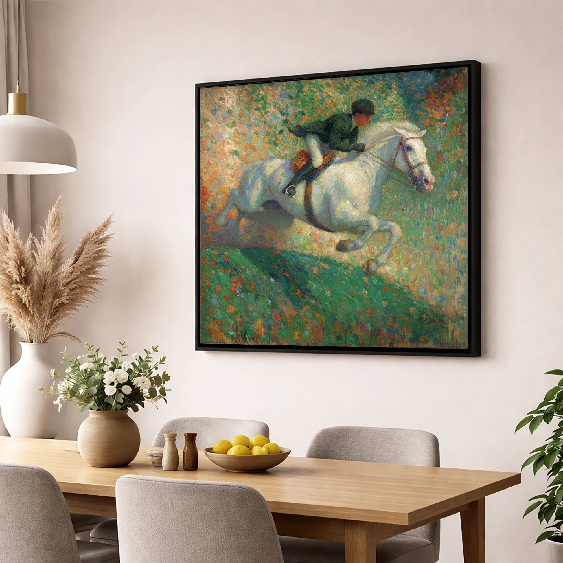 The Painted Leap show jumping horse wall art displayed in a dining room