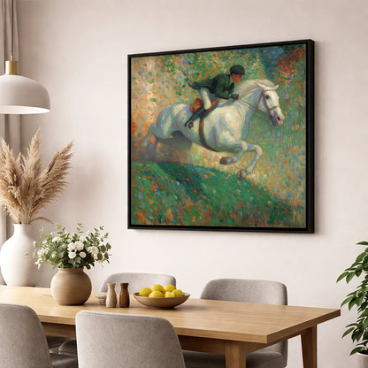 The Painted Leap show jumping horse wall art displayed in a dining room
