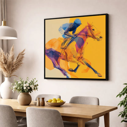 Cobalt Racing Stride racing horse wall art displayed in a dining room