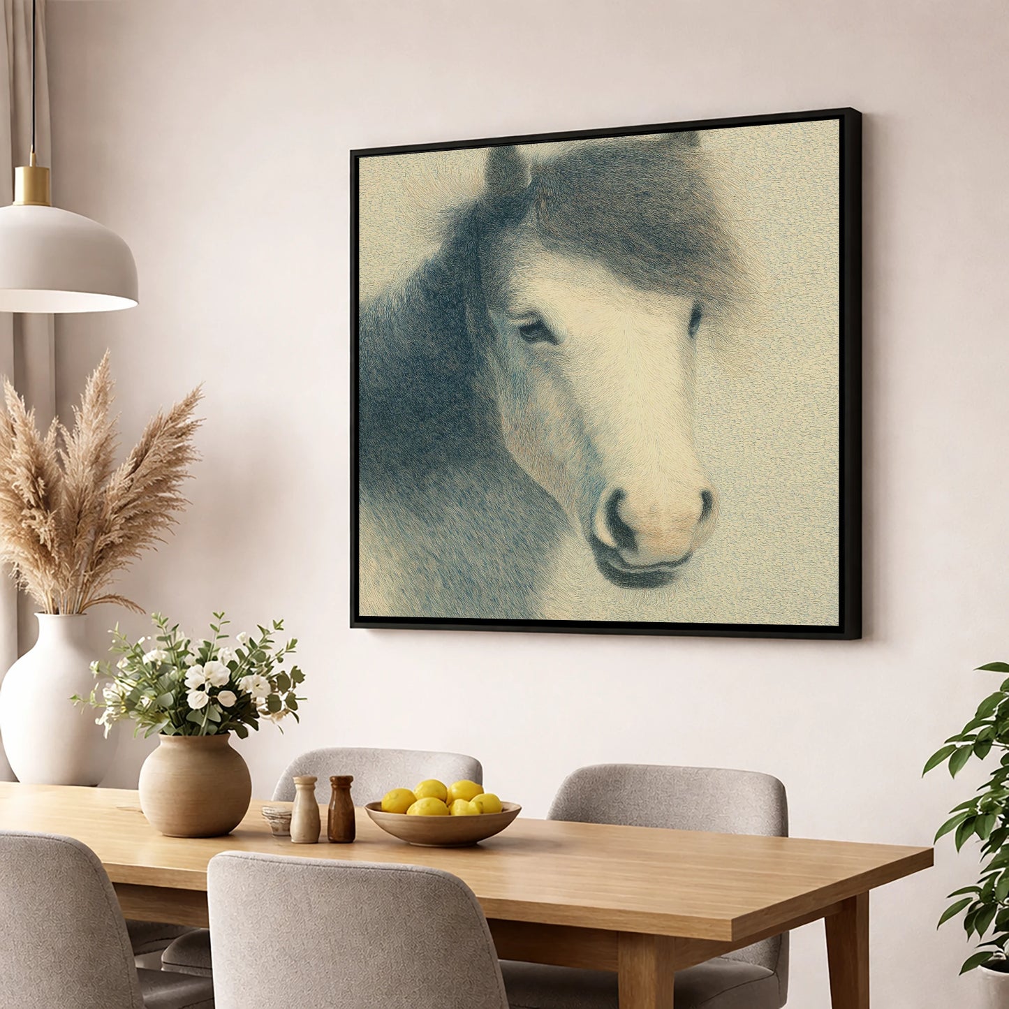Midnight Slate Portrait horse breed wall art displayed in a dining room