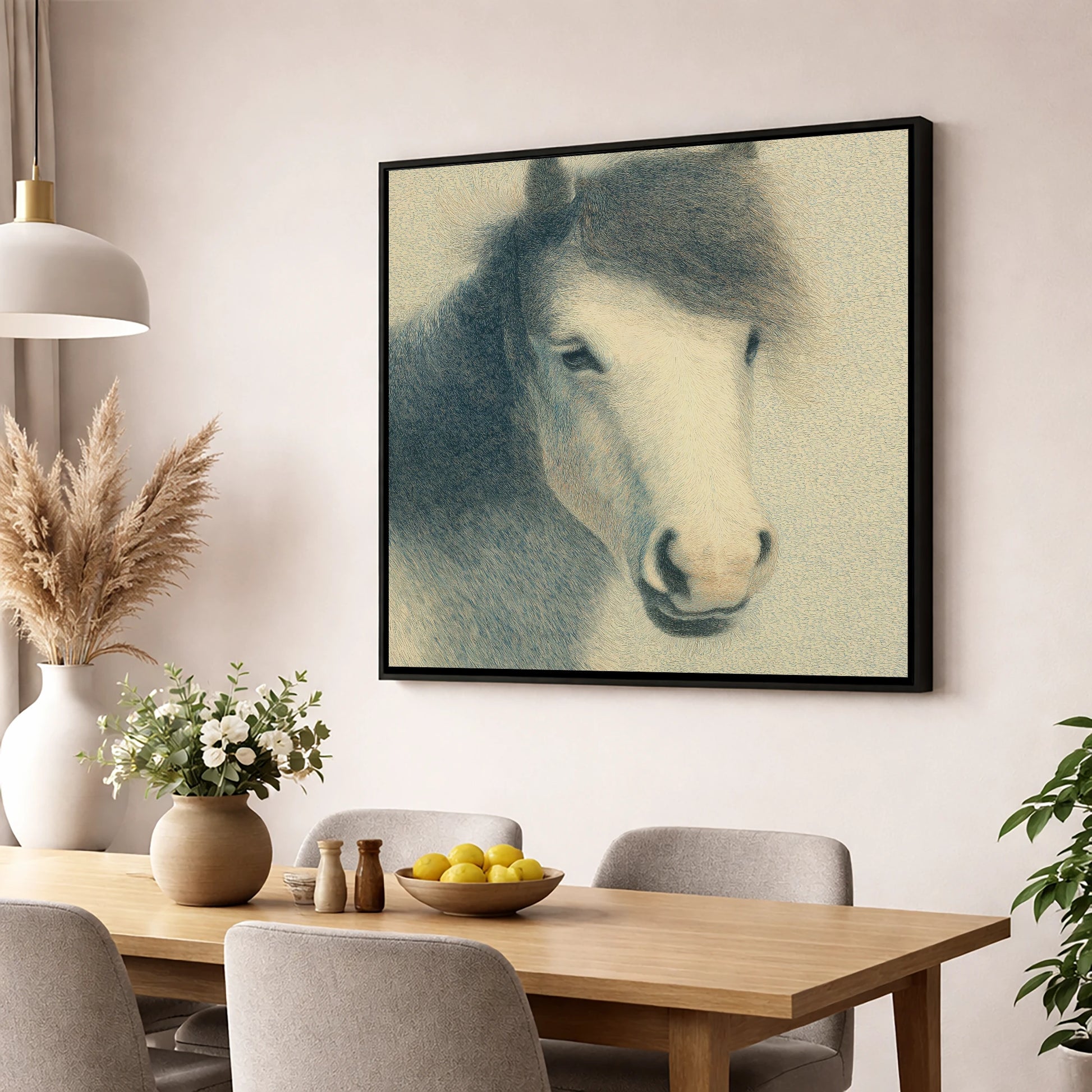 Midnight Slate Portrait horse breed wall art displayed in a dining room