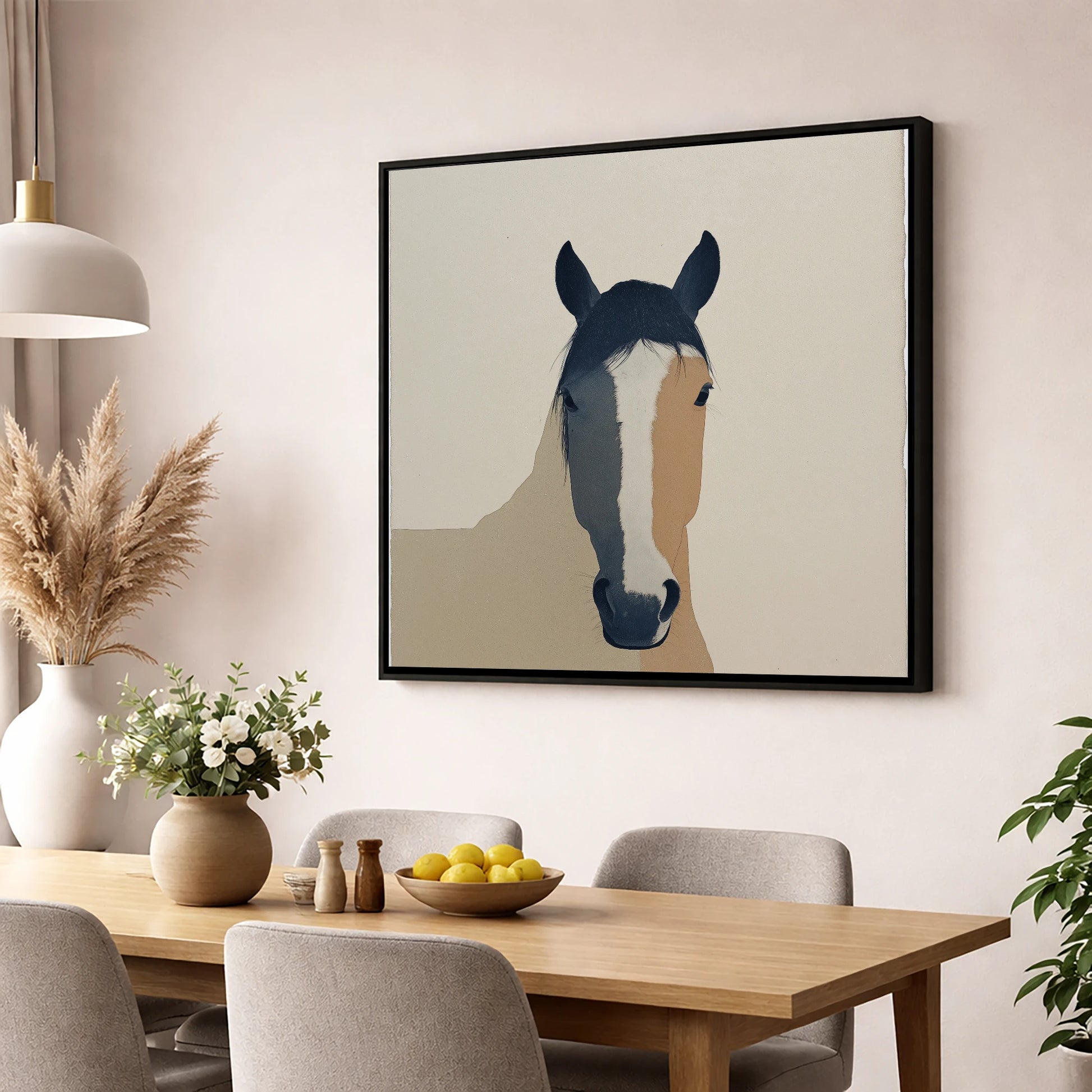 Contemporary Painted Blaze horse portrait wall art displayed in a dining room
