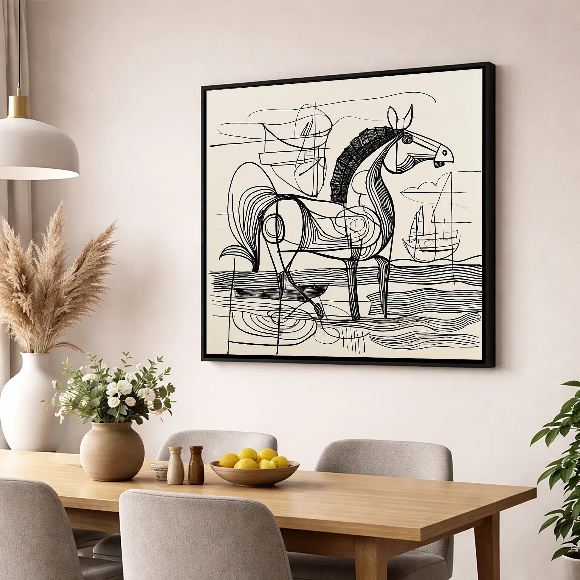 Abstract Coastal Equine beach horse wall art displayed in a dining room