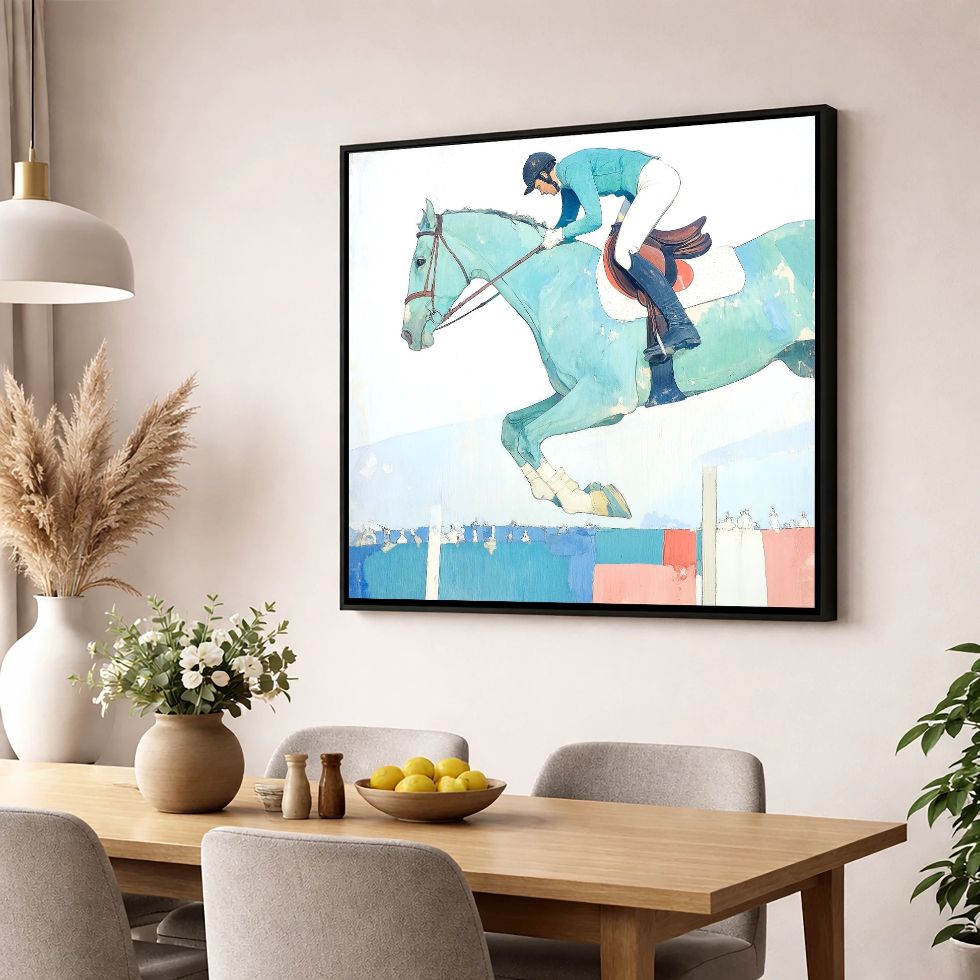 Aquamarine Ascent show jumping horse wall art displayed in a dining room