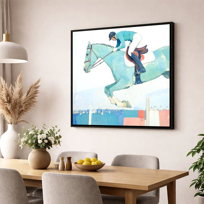Aquamarine Ascent show jumping horse wall art displayed in a dining room