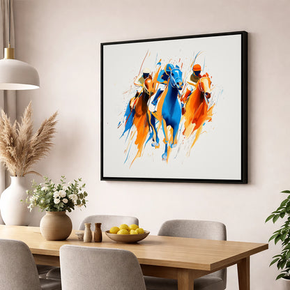 The Front Runners racing horse wall art displayed in a dining room