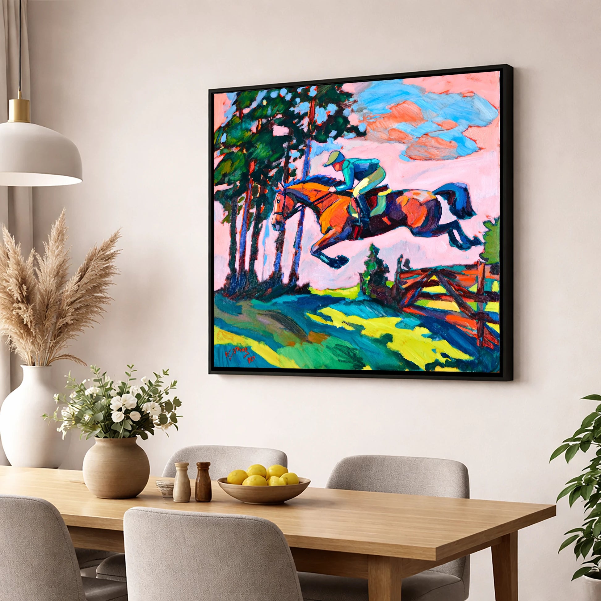 Vibrant Cross Country Leap show jumping horse wall art displayed in a dining room