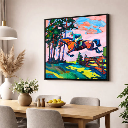 Vibrant Cross Country Leap show jumping horse wall art displayed in a dining room