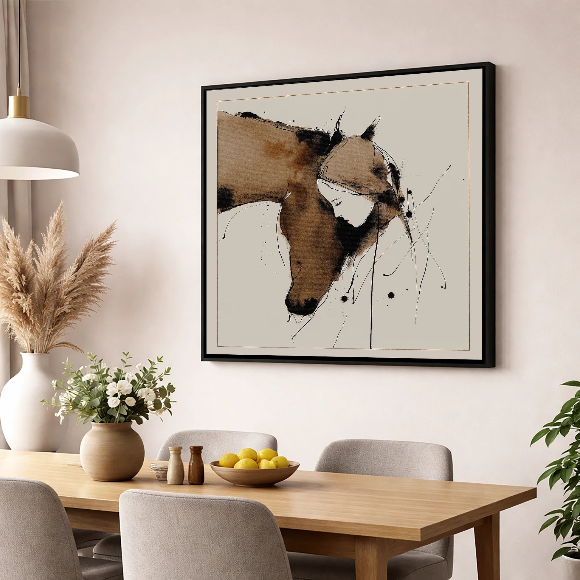Unspoken Harmony horse & rider wall art displayed in a dining room