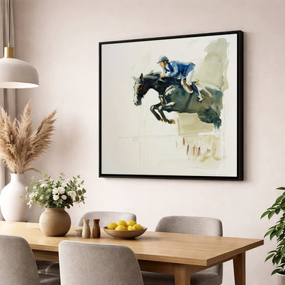 Suspended Grace show jumping horse wall art displayed in a dining room