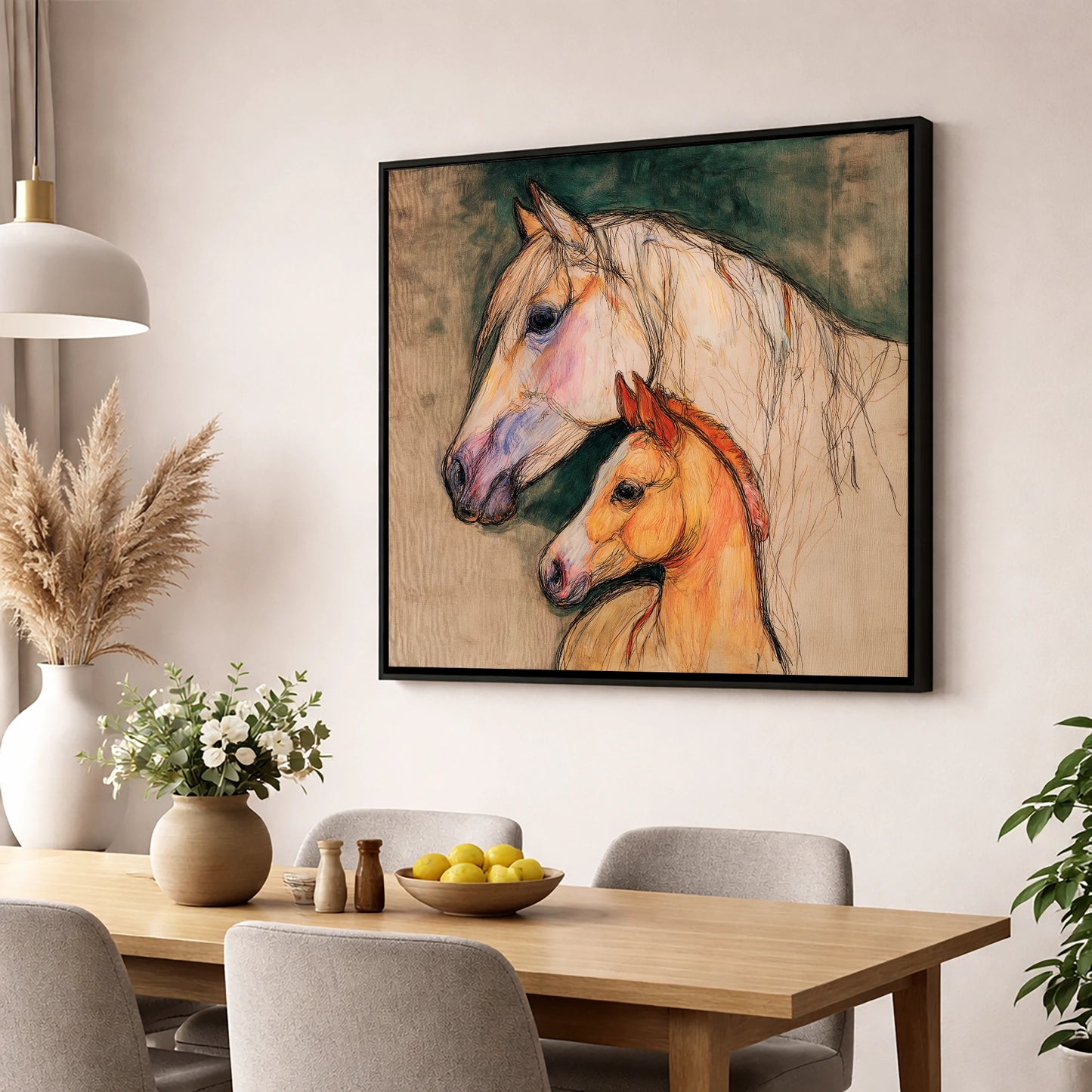 Quiet Devotion mare & foal wall art displayed in a dining room