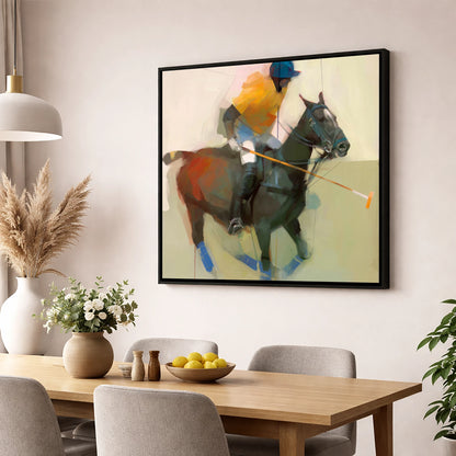 The Offside Drive polo horse wall art displayed in a dining room