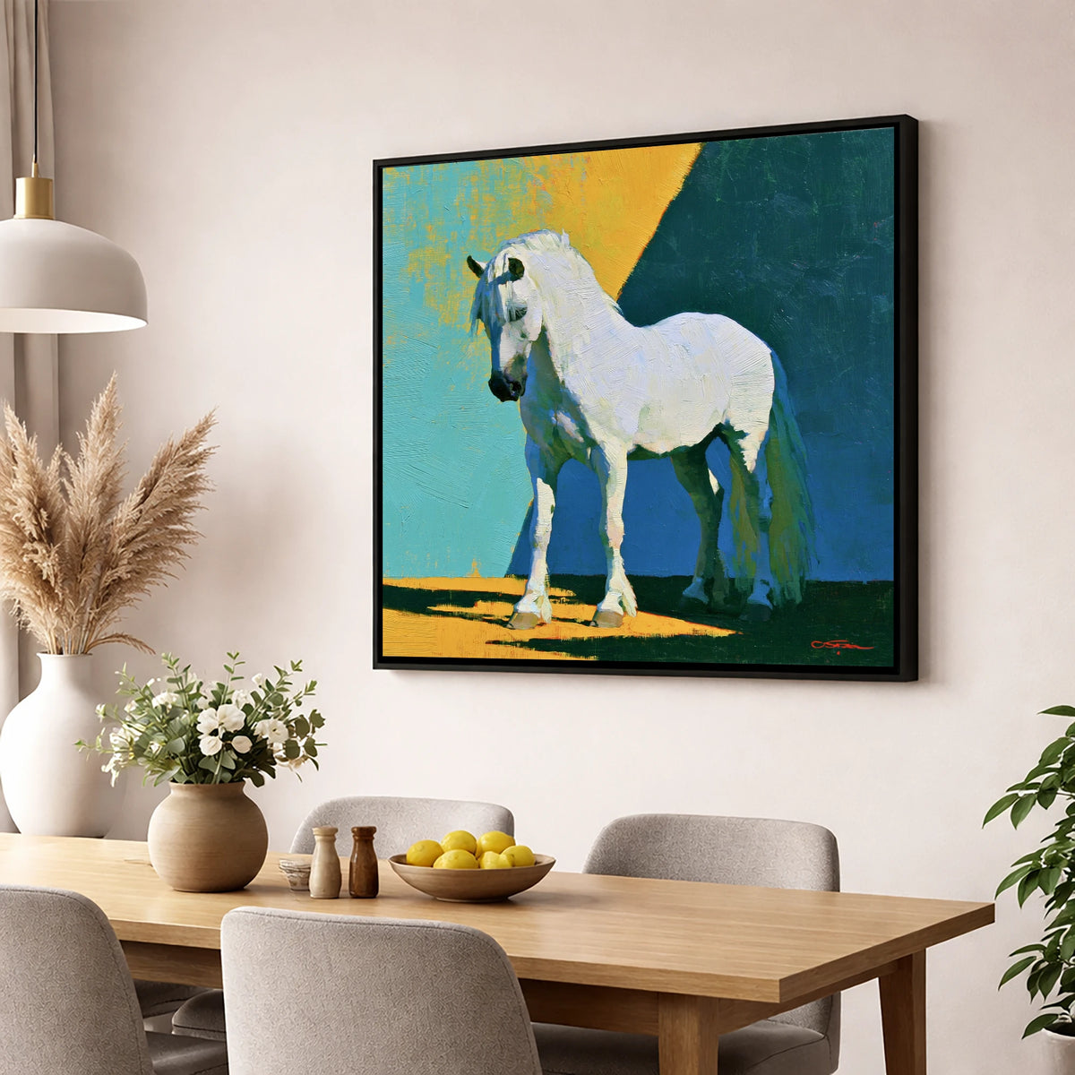 Grey Horse in Vivid Sunlight horse breed wall art displayed in a dining room